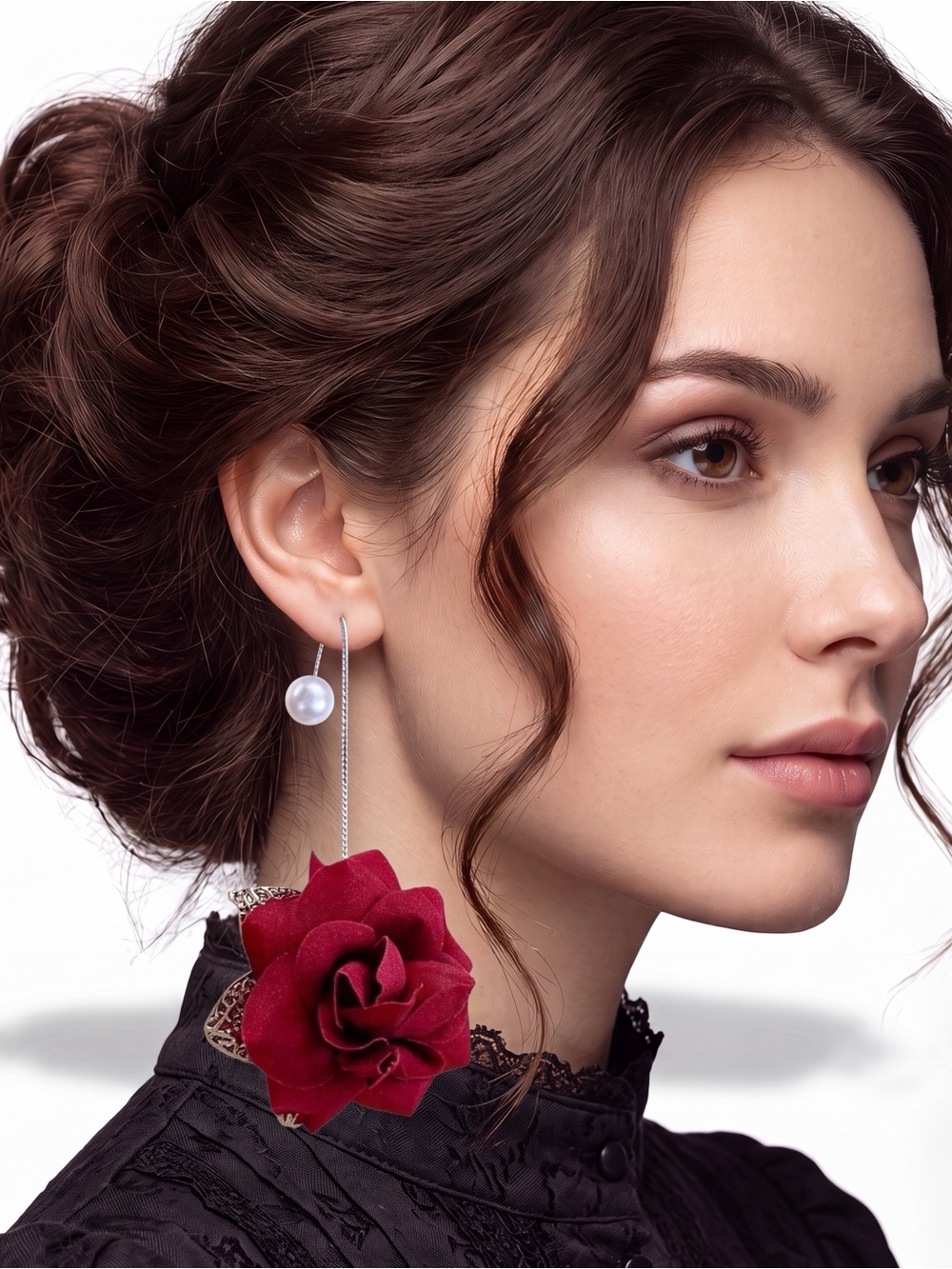 Dark Red 3D Velvet Roses Pearl Statement Earrings NWT